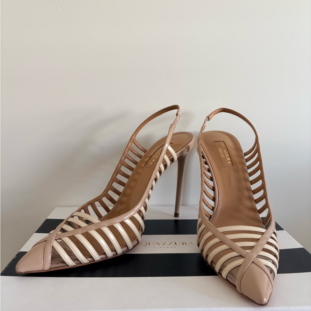 Aquazzura Beige and Cream Strappy Slingback Stiletto Heels